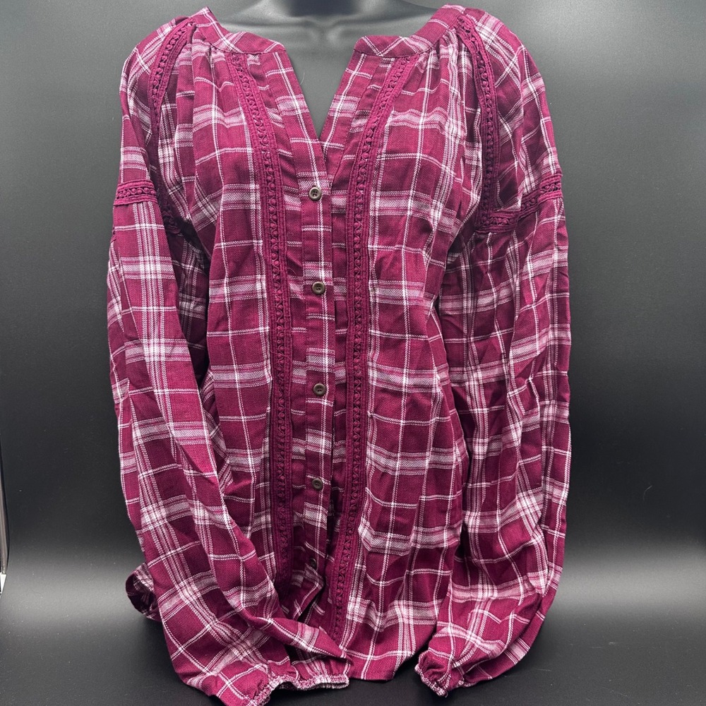 Kate & Sam XXL‎ Plaid Top Burgundy White Long Sleeve Button Down Blouse